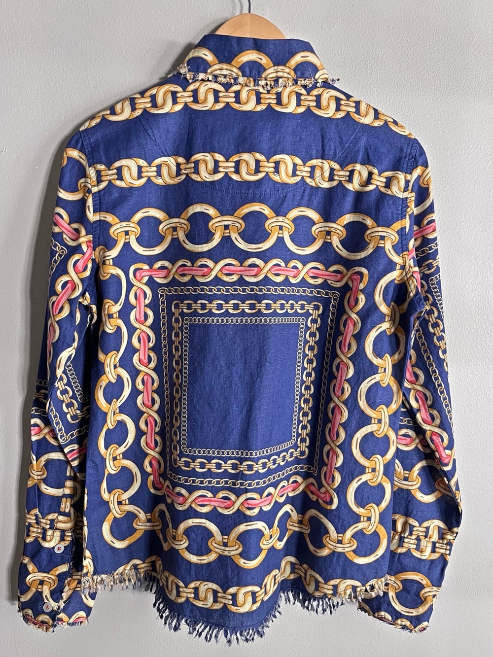 Tizzie Chain Print Linen Blend Frayed Hem Button Up Shirt Small - Picture 5 of 5